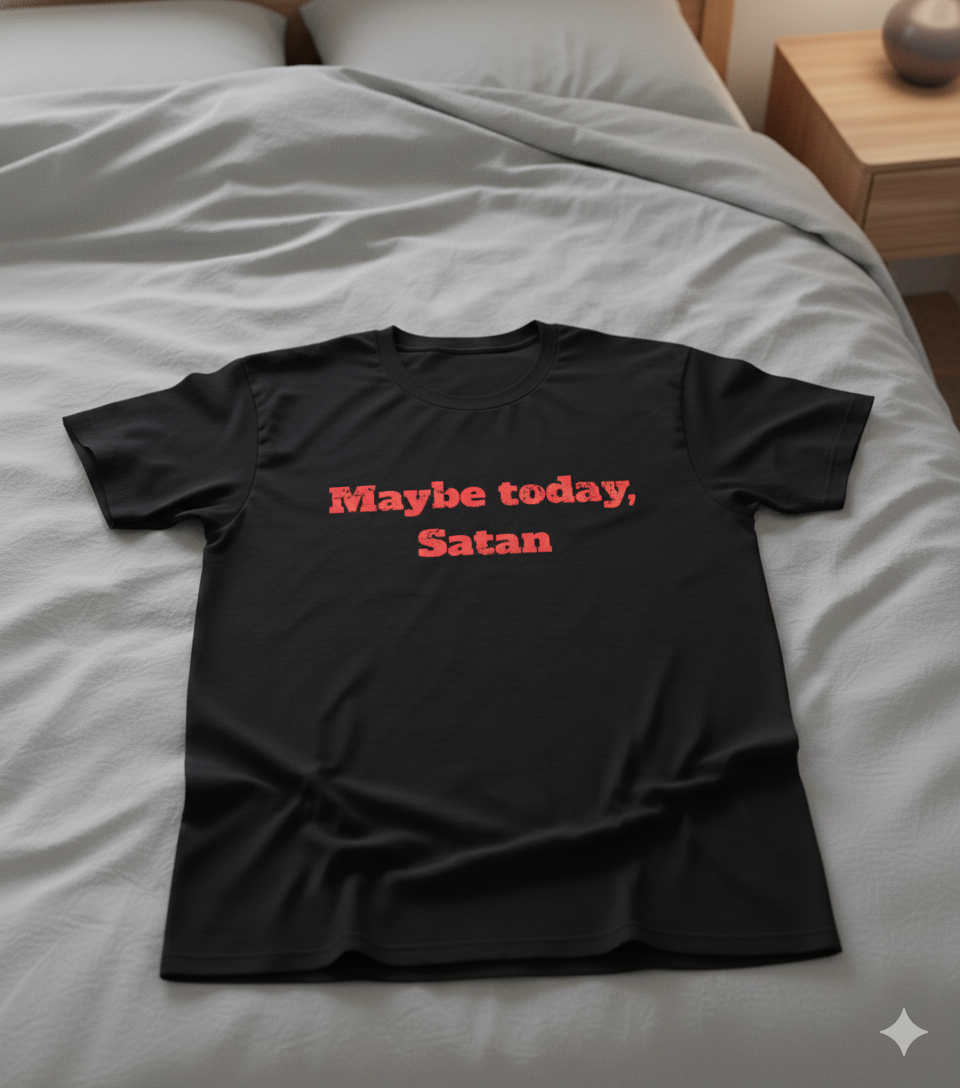 Black t-shirt with 'Maybe today, Satan' text on a bed
