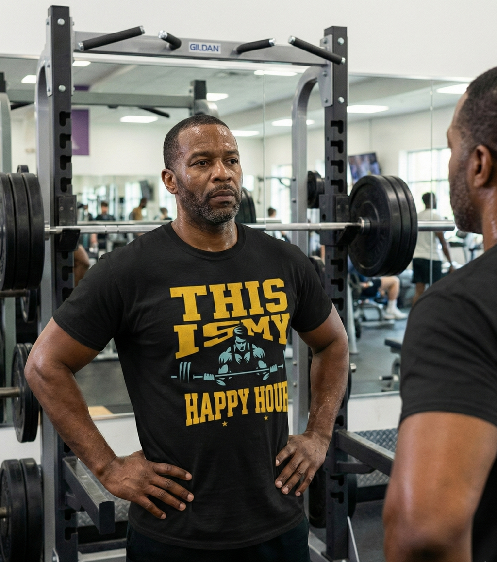 Man in a gym wearing a black t-shirt with yellow text and graphics.