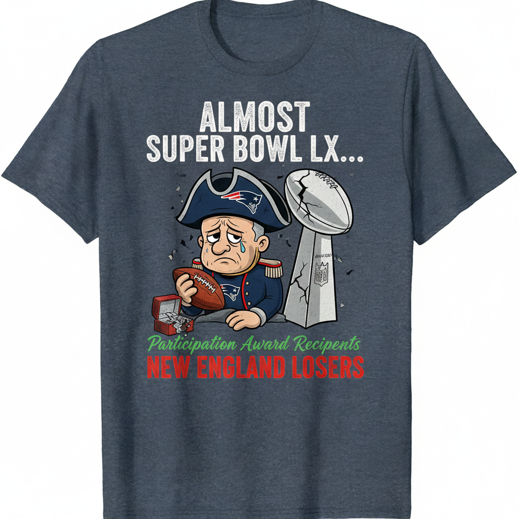 Blue t-shirt with a cartoon character and text about Super Bowl LX on a white background