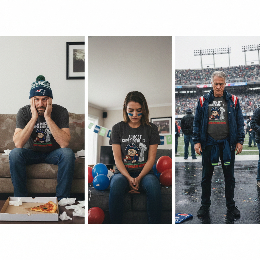 Three people reacting to a sports event, one at home, one in a room with sports decor, and one on a field.