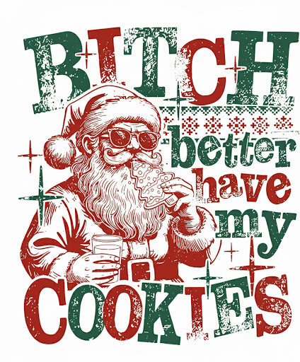 Surreal image of Santa Claus with sunglasses, pizza, and a drink, surrounded by text on a white background.