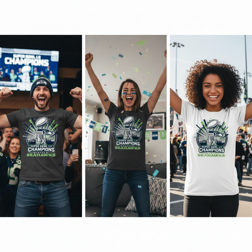 Three people wearing Seahawks t-shirts celebrating a championship win.