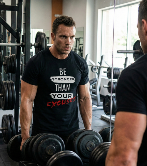 Man in a gym wearing a t-shirt with motivational text, surrounded by weights.