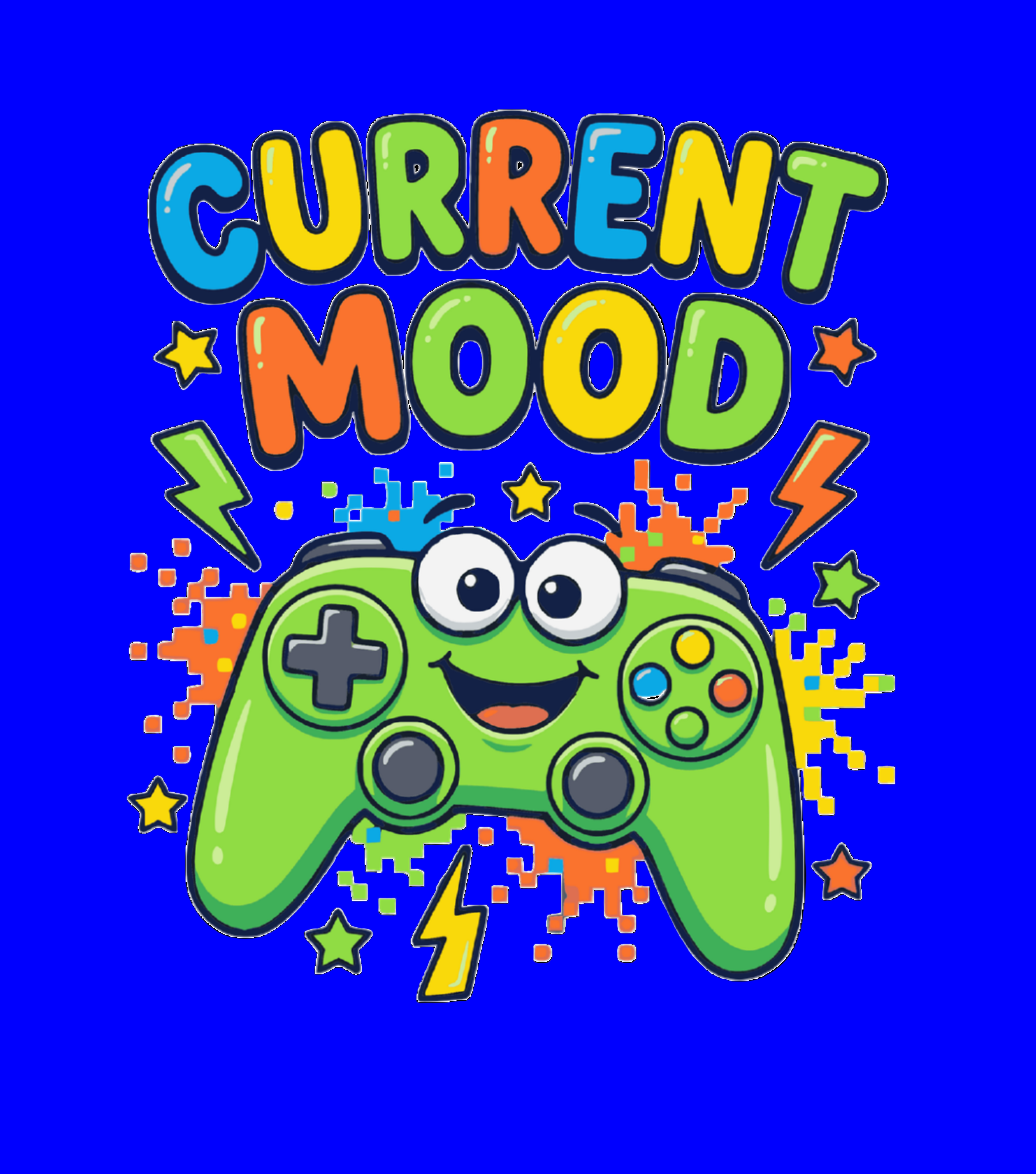 Colorful gaming controller with 'Current Mood' text on a white background