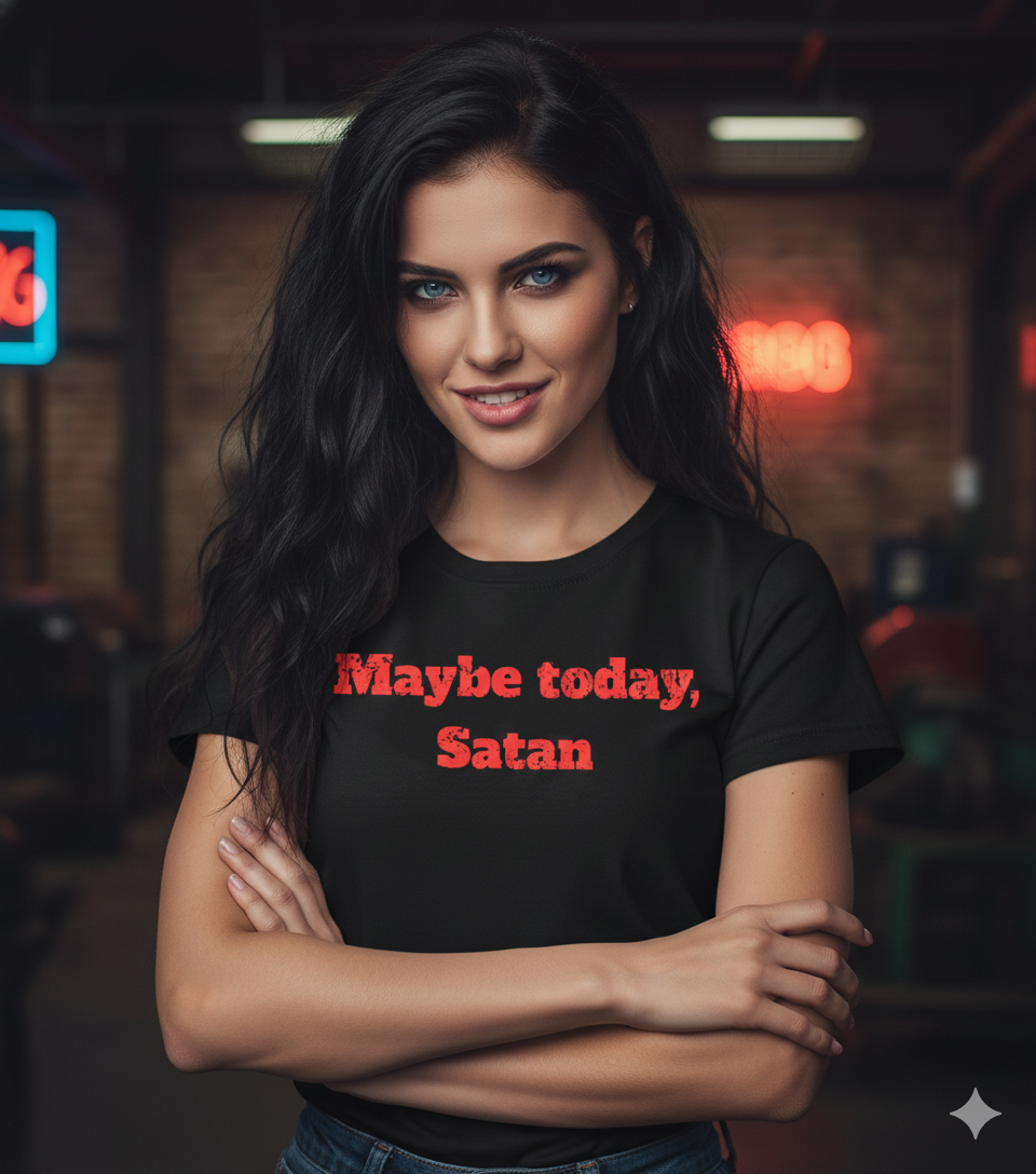 Woman wearing a black t-shirt with 'Maybe today, Satan' in red text, standing in a dimly lit room with neon signs.
