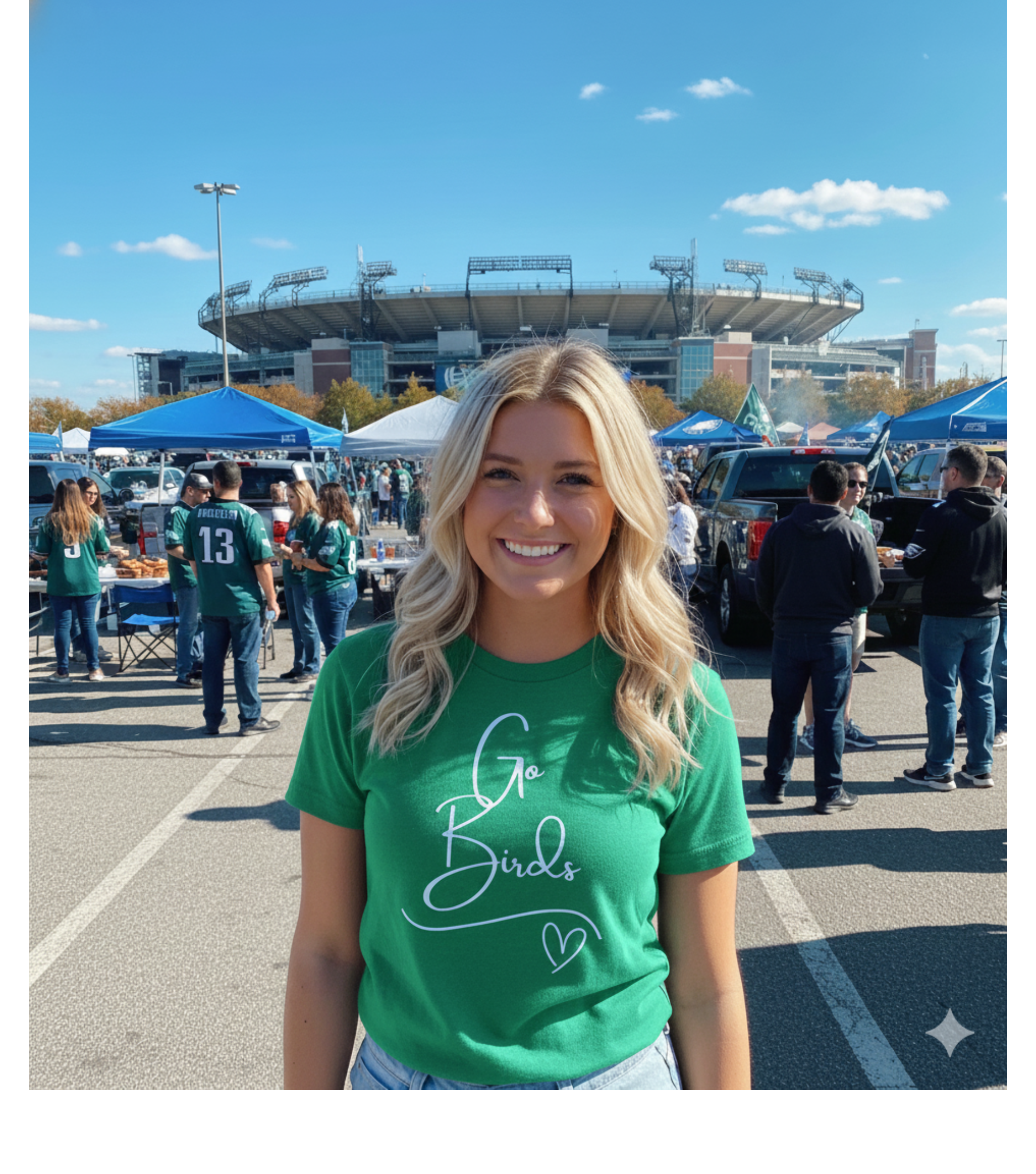 Woman wearing a green 'Go Birds' t-shirt in a parking lot with stadium in the background