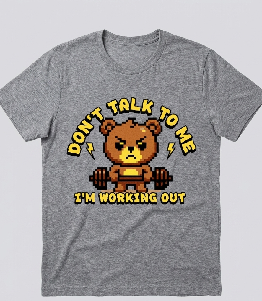 Gray t-shirt with a bear lifting weights graphic and text 'Don't talk to me, I'm working out' on a light gray background.