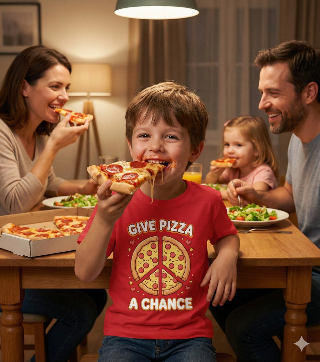 Family of four enjoying a meal together with pizzas at a wooden table.
