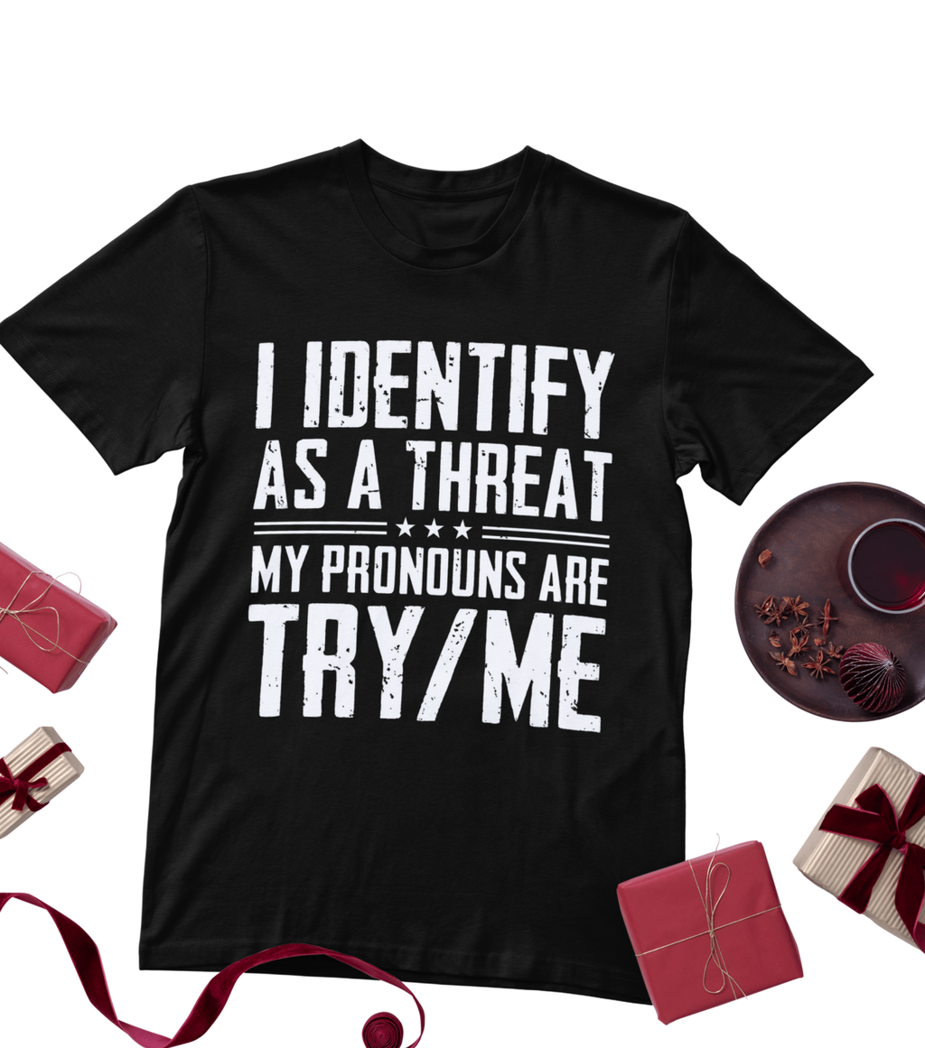 Black t-shirt with white text on a white background with gift boxes and a plate of food.