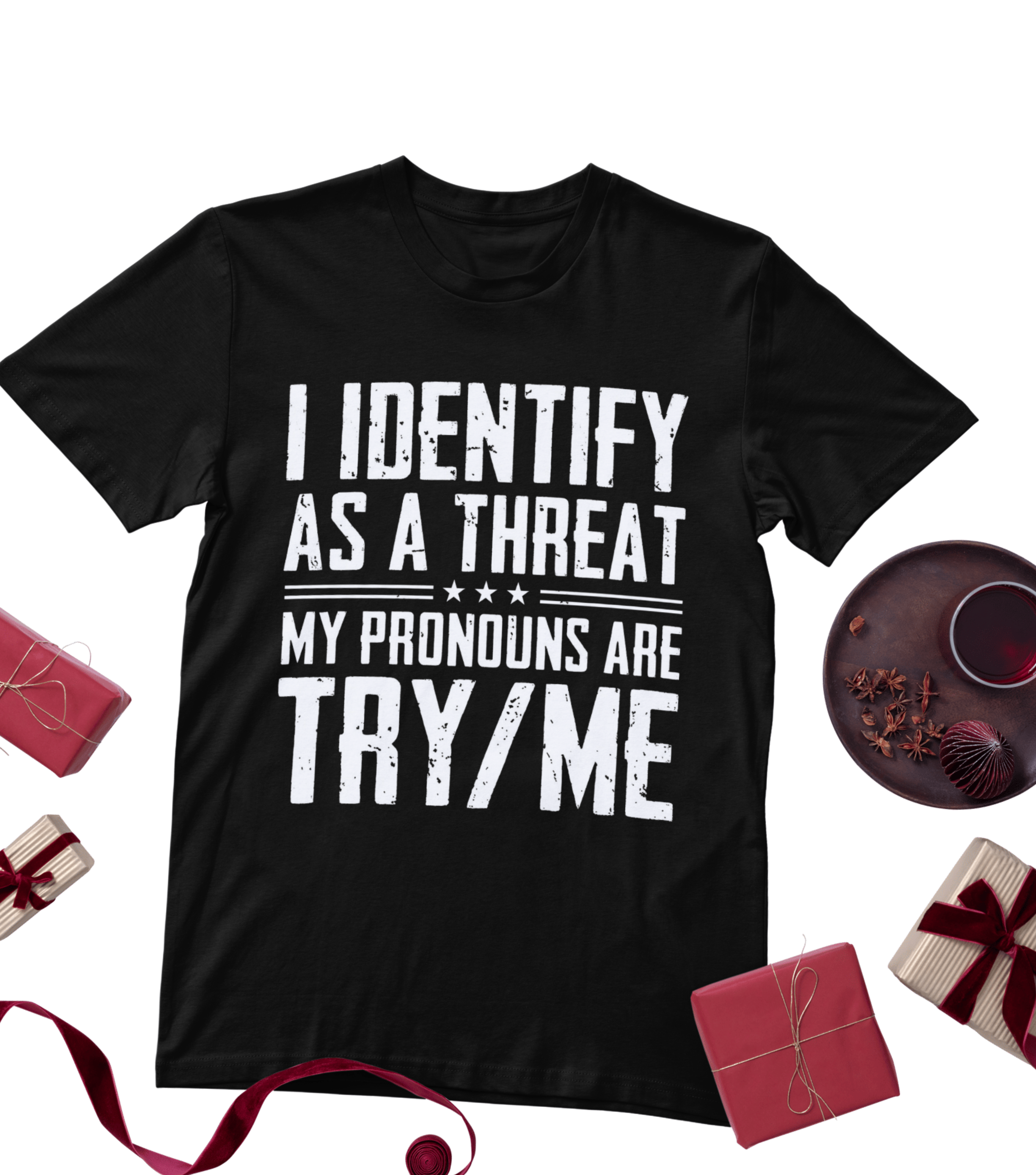 Black t-shirt with white text on a white background with gift boxes and a plate of food.