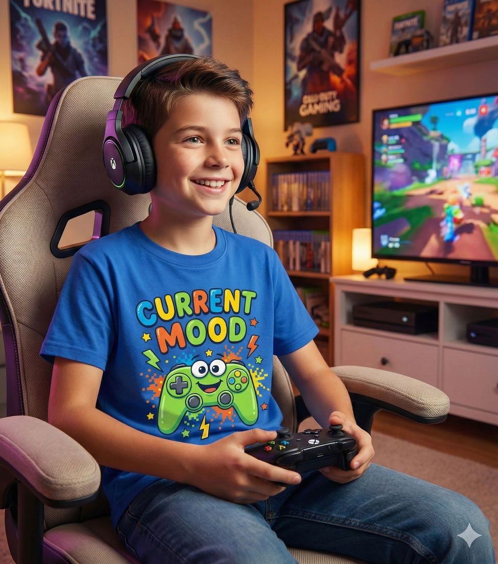 Child playing video games in a room with gaming posters and a TV screen.