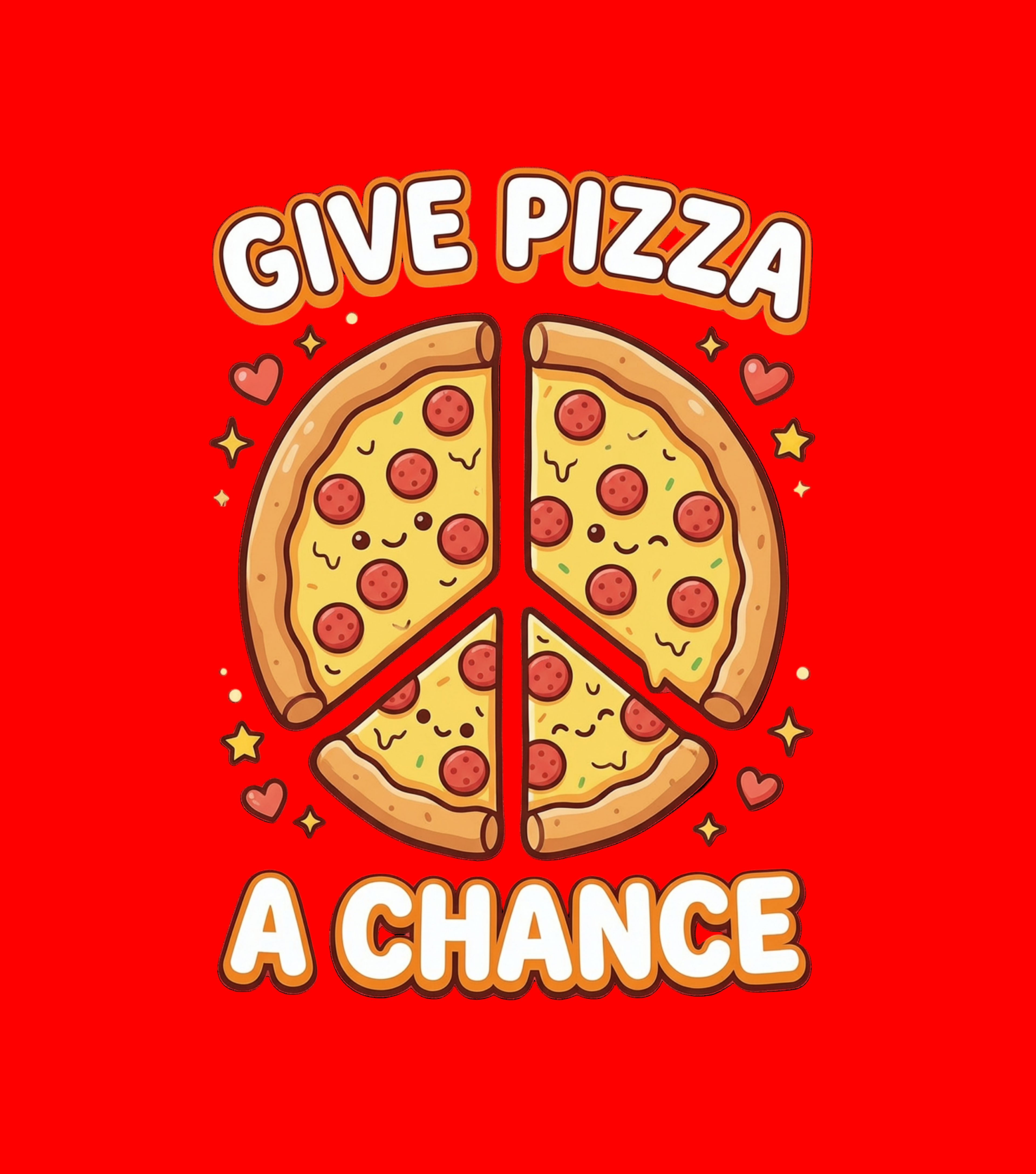 Cartoon pizza slices with a peace sign and text 'Give Pizza a Chance' on a white background