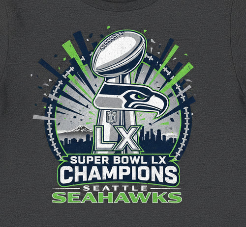 Gray t-shirt with Seattle Seahawks Super Bowl LX Champions design
