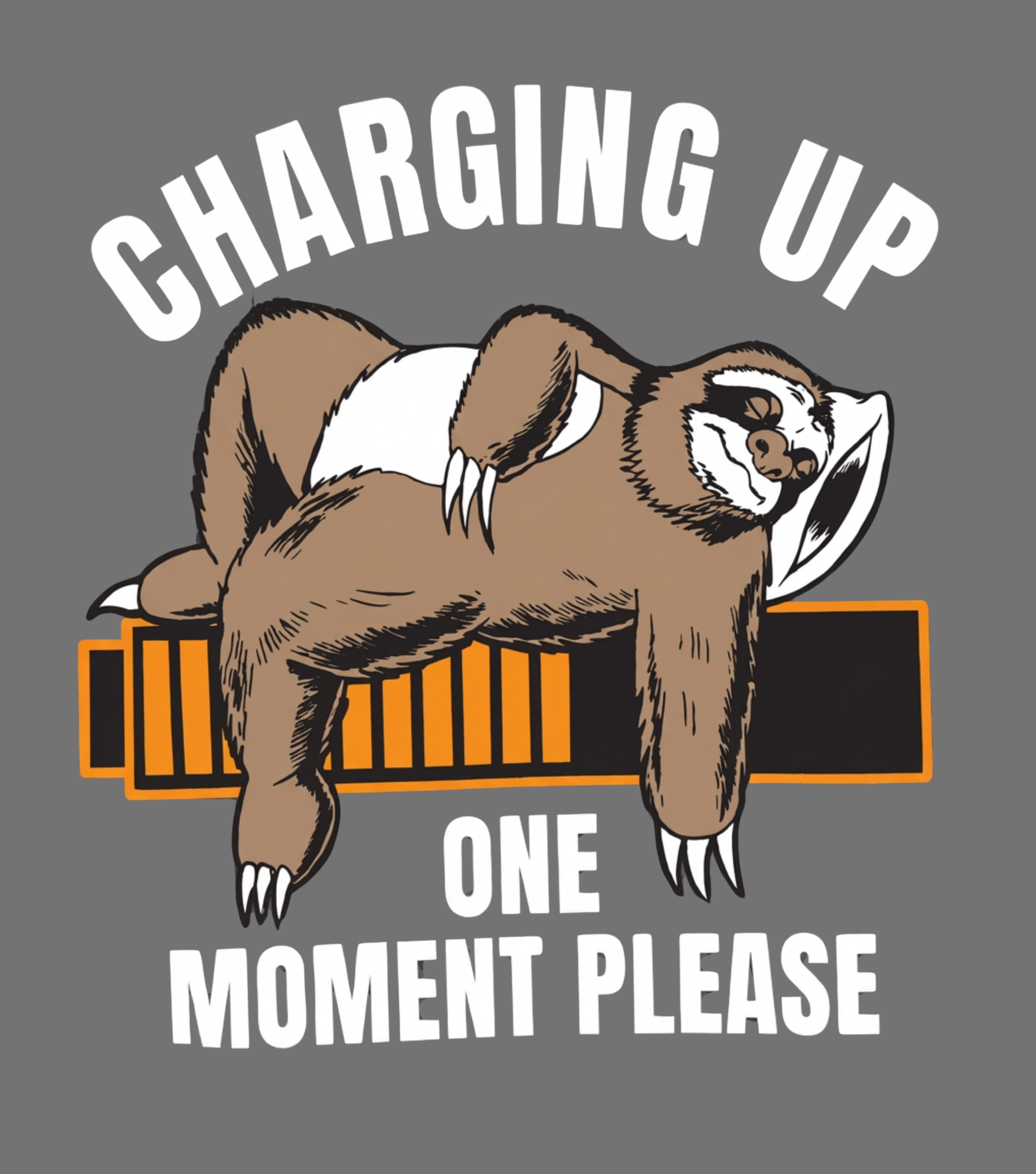 Illustration of a bear charging with text 'Charging Up One Moment Please' on a gray background