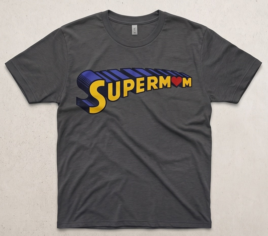 mock up of a grey short sleeve shirt with supermom logo
