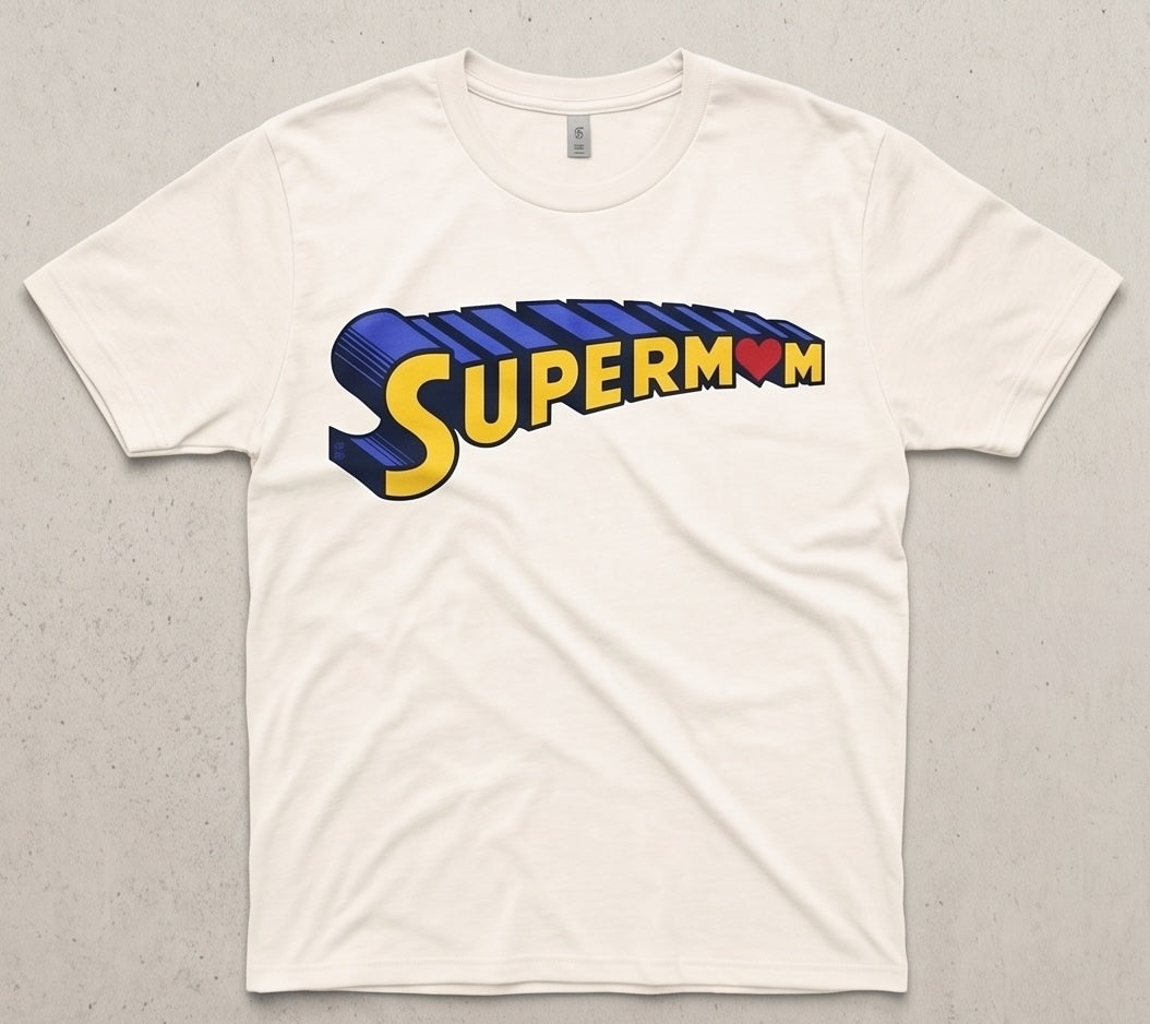mock up of a white short sleeve shirt with supermom logo